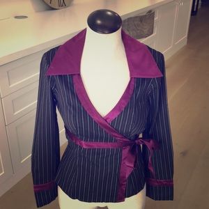 bebe Pinstripe Wrap Blouse with Purple Trim